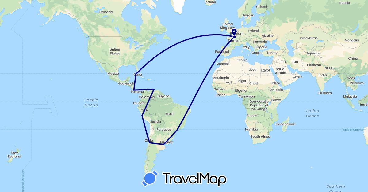 TravelMap itinerary: driving in Argentina, Brazil, Canada, Chile, Costa Rica, Cuba, France, Peru, Venezuela (Europe, North America, South America)